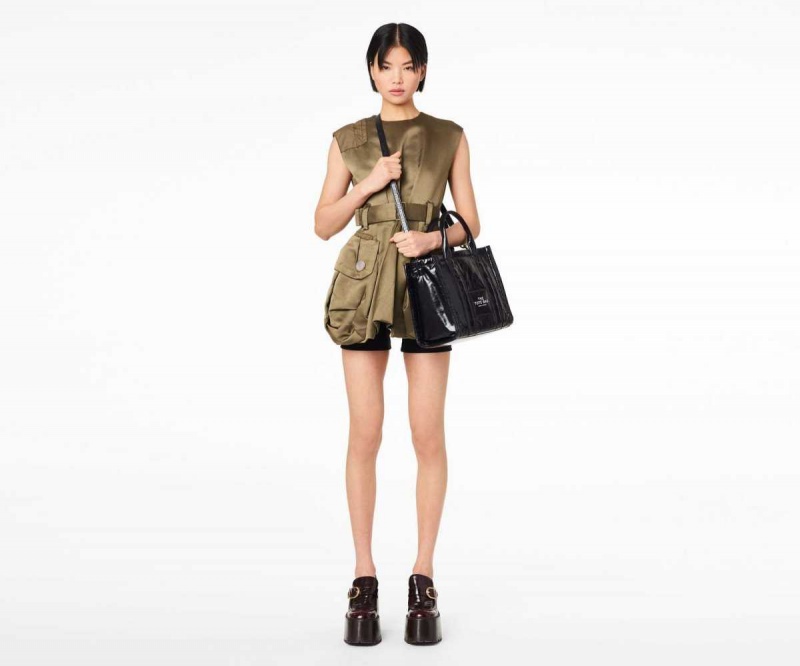 Black Women's Marc Jacobs Shiny Crinkle Medium Tote Bags | USA000082