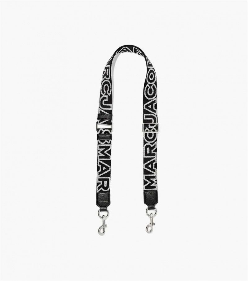 Black / Silver Women\'s Marc Jacobs The Thin Outline Logo Webbing Strap | USA000497