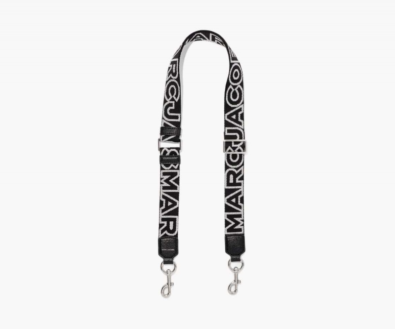 Black / Silver Women's Marc Jacobs Thin Outline Logo Webbing Strap | USA000542