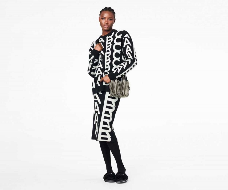 Black / White Women's Marc Jacobs Monogram Leather Micro Tote Bags | USA000041