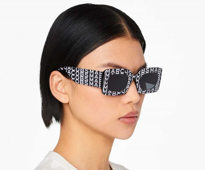 Black / White Women's Marc Jacobs Monogram Rectangular Sunglasses | USA000562