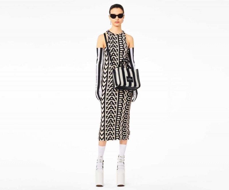 Black / White Women's Marc Jacobs Striped Mini Tote Bags | USA000030