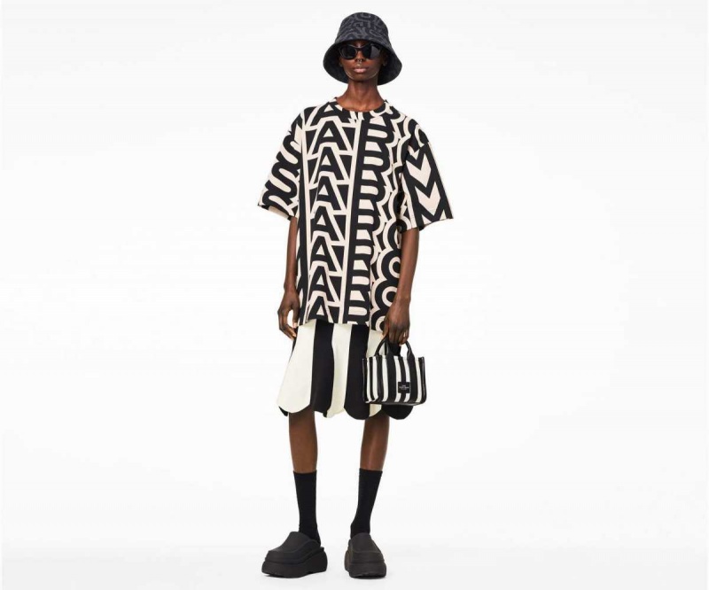 Black / White Women's Marc Jacobs Striped Micro Tote Bags | USA000038