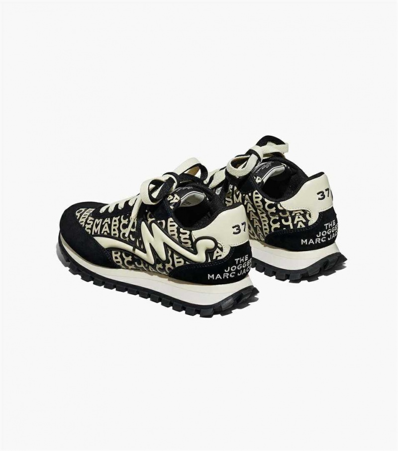 Black / White Women's Marc Jacobs The Monogram Leather Jogger Sneakers | USA000786