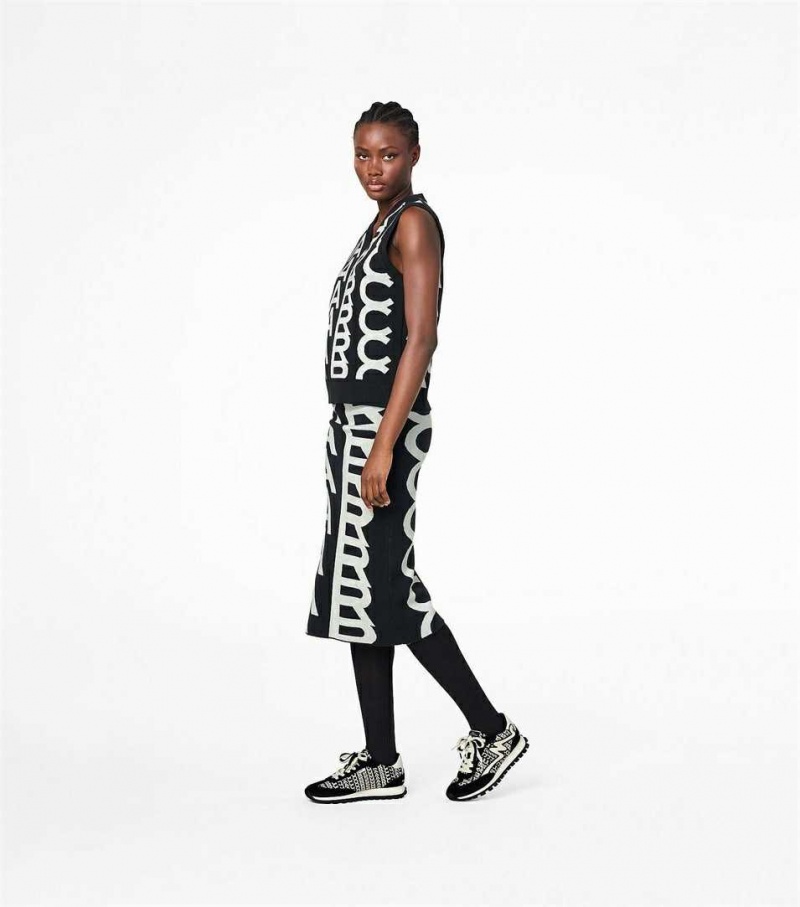 Black / White Women's Marc Jacobs The Monogram Leather Jogger Sneakers | USA000786
